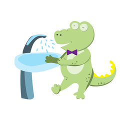 Cute green crocodile is washing his hands under tap in bathroom. Simple rule of hygiene for children in kindergarten, restaurant and public place. Flat illustration with character on white background