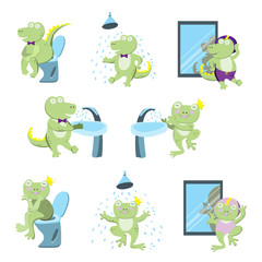 Cute green crocodile and funny frog  use the bathroom,  wash their hands, take a shower, wear a caps.Set of character on white background illustrate the actions in the bathroom and toilet for children