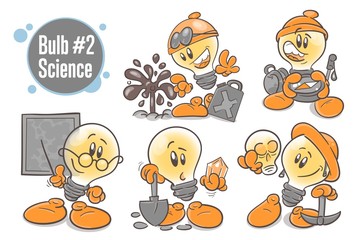 Set of emotional character cartoon lightbulb. Scientists. On white background.
