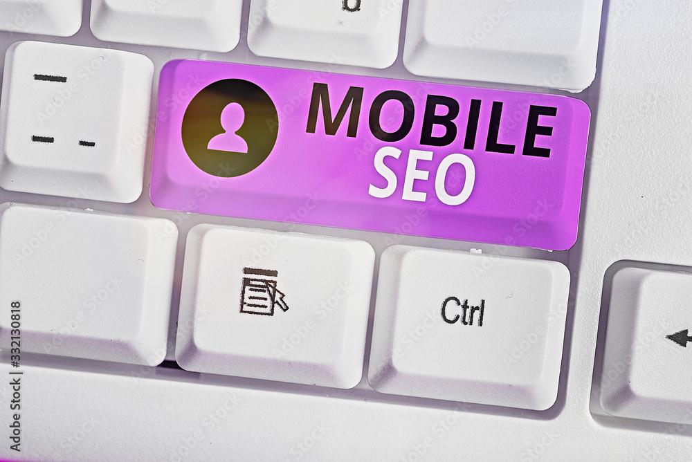 Poster word writing text mobile seo. business photo showcasing process of optimizing a website to rank for 