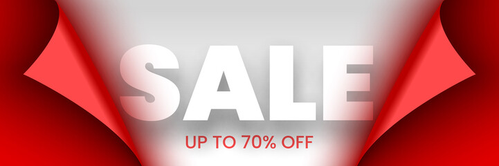 Sale banner. Red ribbon with curved edges on white background. Sticker. Vector illustration.