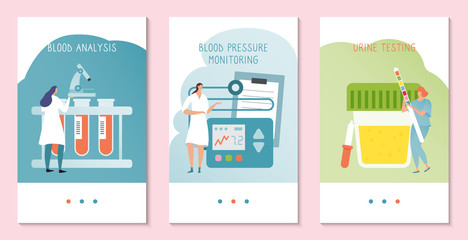 Clinical analysis in medical laboratory concept, people research test sample, vector illustration. Set of banners in flat style for mobile app, healthcare clinic lab experiment, blood pressure test