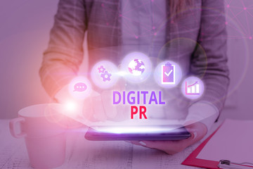 Word writing text Digital Pr. Business photo showcasing marketing strategy used to increase their...