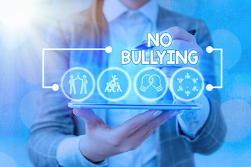 Word writing text No Bullying. Business photo showcasing stop aggressive behavior among children power imbalance