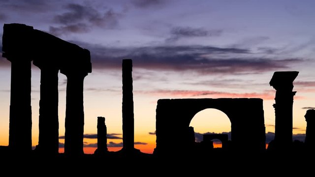 Pompeii: Time Lapse at Twilight with Colourful Sky and Dark Silhouette of Ancient Ruins, Naples, Italy