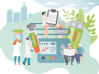 Blood pressure measurement and healthcare treatment for senior people, vector illustration. Medical center concept, clinic laboratory analysis, pharmacy prescription. Health insurance elderly people