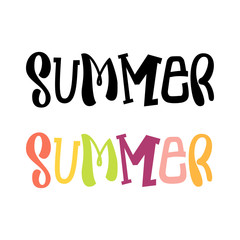 Set of Summer word with different letters. Typographic design element for poster, print, social media, advertizing. Isolated on white background. Hand lettered word.