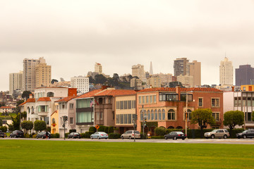 Fototapeta na wymiar San Francisco, California, United States - Marina Boulevard and skyline of the hills in the back.