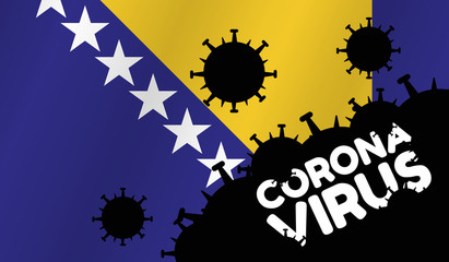 Coronavirus in Bosnia and Herzegovina. Flag of Bosnia and Herzegovina, words Corona Virus and virus silhouette