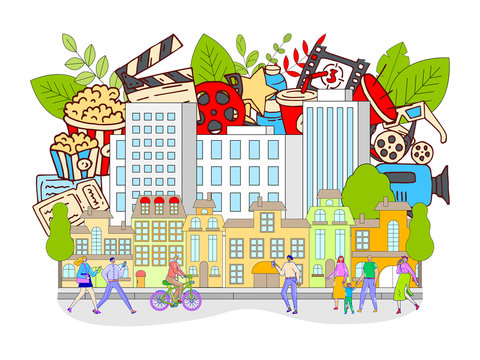 Film festival in city, people cartoon characters go to cinema, movie icons and symbols, vector illustration. Happy family, men and women walking town street, film premiere promotion, cinema invitation