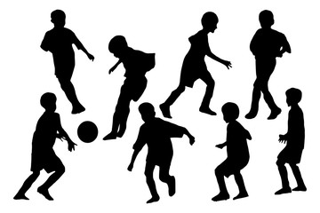 Boys playing football. Sport group silhouettes set on white background