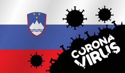 Coronavirus in Slovenia. Flag of Slovenia, words Corona Virus and virus silhouette