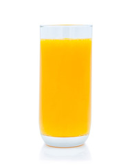Close-up of Glass squeezed orange juice, yellow color isolated on white background. Organic tropical fruit drink from natural. Concept food is vegetarian for a healthy.