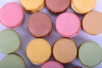 Colorful macaroons cake, sweet macaroon on white table background, food background