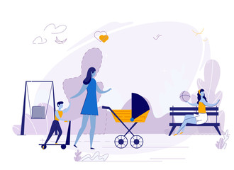 Young Mothers with Children in Playground Outdoors. Woman Carries Stroller with Baby and Holds Eldest Son by Hand. Boy Rides Scooter. Girl Sits on Bench with Ball. Illustration with Swing and Nature
