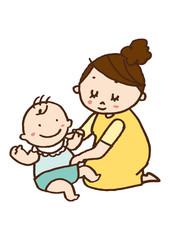 オムツチェックをする母親