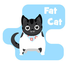 Funny cartoon Fat Cat vector illustration. Cute smiling black and white cat with bandana on neck.