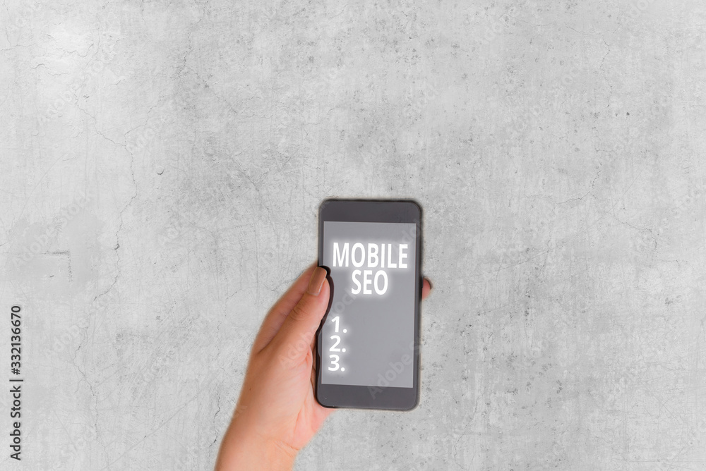 Poster writing note showing mobile seo. business concept for process of optimizing a website to rank for mo