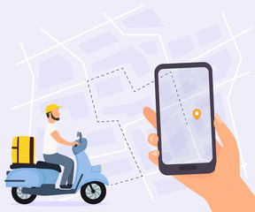 Food delivery vector illustration. Courier man on scooter with yellow parcel box on the back. Hand holding smartphone with finish point on city map. Top view.