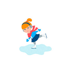 Cute little girl in warm clothes skating happy. Vector Illustration