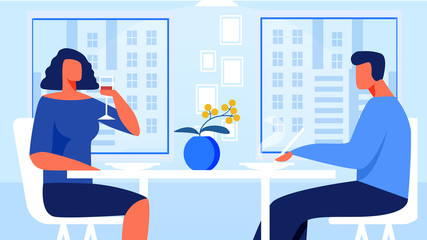 Couple in Love Having Romantic Date in Restaurant Cartoon Flat Vector Illustration. Man Eating Hot Dishes. Girl or Woman Drinking Wine Glass. Flower on Table Middle. Windows with City View.