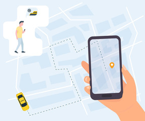 Urban taxi service vector illustration. Man calling a taxi, hand holding smartphone with taxi app.Tracking system with destination point on city map, top view.