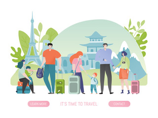 Group of tourists on sightseeing trip, happy family and couple with suitcase, people cartoon characters, vector illustration. Men and women journey vacation, travel agency website template design