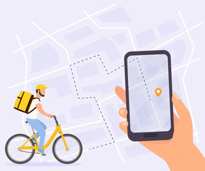 Food delivery vector illustration. Courier man on bicycle with yellow parcel box on the back. Hand holding smartphone with finish point on city map. Top view.