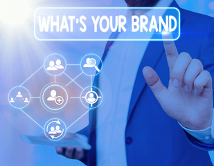 Word writing text Whats Your Brand Question. Business photo showcasing asking about product logo...