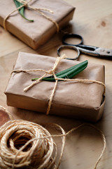 Fototapeta na wymiar Kraft paper wrapped gift packages