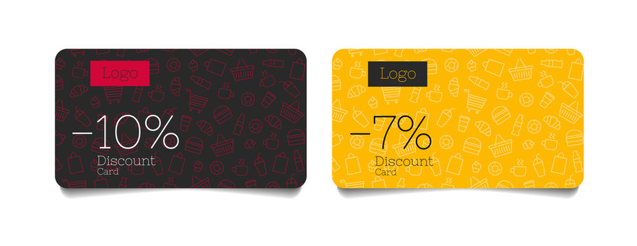 Set of discount cards for grocery food store with food and beverages line pattern shopping basket illustration with discounts numbers and logo, loyalty program club