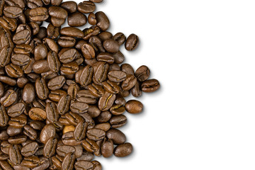 Medium coffee roasted beans isolated on white background. with clipping paths. Grind to brew various coffee recipes.