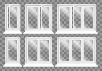Set of transparent metal plastic windows. Energy cost saving easy to care plastic pvc window frames. 6 realistic facade icons isolated on transparent background.
