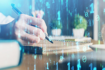 Double exposure of woman's hands on background with technology and digital coding icons. Data...