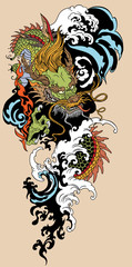 Chinese or East Asian dragon with water waves. Tattoo. Vector illustration