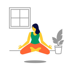 Chica joven practicando yoga y meditando en la posición del loto.