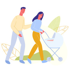 Fototapeta premium Man and Smiling Woman with Blue Baby Stroller Walk in Park. Family Walking. People Walk in Park. Vector Illustration. Happy Family Spends Time Together in Park Area. Young Parents.