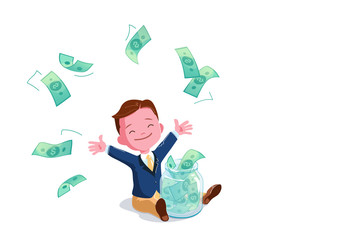 Young Boy Saves Money in Glass Jar. little Businessman under dollar rain. Financial education concept. Copy space background. Profit strategy vector illustration. Winning. Business strategy