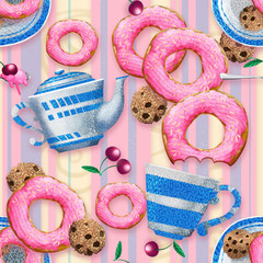 Seamless pattern with kawaii sweet food donuts, cherries, and dishes on a striped background. Endless texture with cute cartoony sweets, desserts.llustration for printing on textiles, wallpapers.