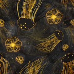 Seamless texture on black stucco with golden flowers. Can be used for wallpaper, packaging, fabrics. Digital art