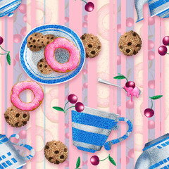 Seamless pattern with kawaii sweet food donuts, cherries  on a striped background. Endless texture with cute cartoony sweets, desserts.llustration for printing on textiles, wallpapers.