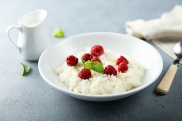 Homemade rice pudding with fresh raspberry