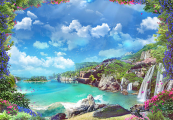 Beautiful Italian coast with waterfalls and red flowers.Digital collage , mural and fresco....