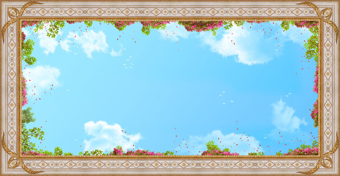 Ceiling with golden patterns, pink flowers and petals. Digital collage , mural and fresco. Wallpaper. Poster design. Modular panno.