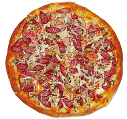 barbecue pizza topped with Sauce, cheese, mushrooms, hunting sau