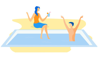 Informative Banner Summer Vacation by Pool Flat. Desire to Enjoy Communication with Partner. Guy and Girl have Fun in Summer on Vacation. Girl Sitting by Pool with Cocktail. Vector Illustration.