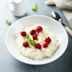 Homemade rice pudding with fresh raspberry