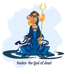 Ancient Greek Underworld God, King of Dead Hades or Aidis Composition with Bearded Long Haired Muscular Character Holding Bident and Human Scull. Olympian Deity Cartoon Flat Vector Illustration Banner