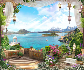 Beautiful view from the garden to the sea with a ship and the coast of Italy, a white gazebo, lanterns. Digital fresco. Mural. Wallpaper