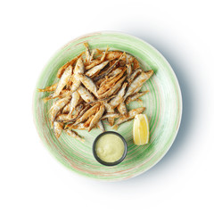 The restaurant's menu dish, a delicious snack for beer. Restaurant serving of the dish. A look from above